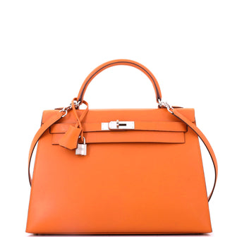 Hermes Kelly Handbag Orange Box Calf with Palladium Hardware 32