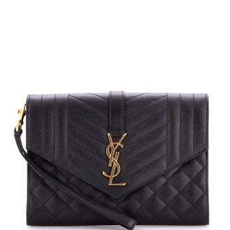 Saint Laurent Classic Monogram Envelope Wristlet Clutch Mixed Matelasse Leather
