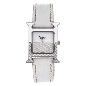 Hermes Heure H Double Jeu Quartz Watch Stainless Steel and Leather with Enamel and Pave Diamond Bezel and Dial 21