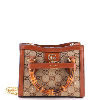 Gucci Diana NM Bamboo Handle Tote Crystal Embellished GG Canvas Mini