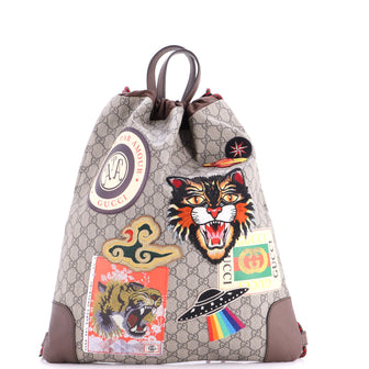 Gucci Courrier Soft Drawstring Backpack GG Coated Canvas with Applique Medium