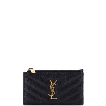 Saint Laurent Monogram Fragments Zip Card Holder Matelasse Chevron Leather
