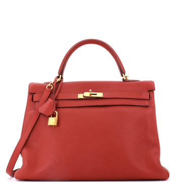 Hermes Kelly Handbag Brown Clemence with Gold Hardware 35