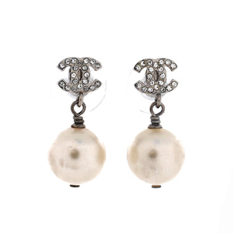 Chanel CC Pearl Drop Earrings Faux Pearl and Metal with Crystals