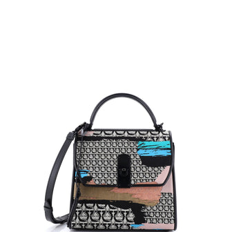 Salvatore Ferragamo Boxyz Top Handle Bag Printed Gancini Jacquard and Leather Small