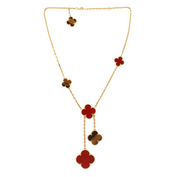 Van Cleef & Arpels Magic Alhambra 6 Motifs Necklace 18K Yellow Gold with Carnelian and Tigers's Eye