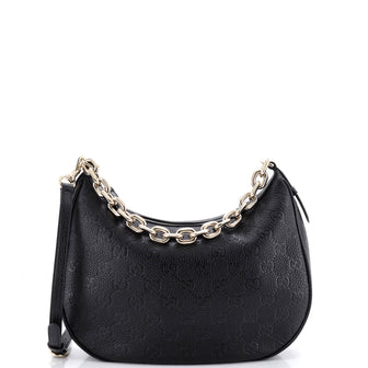Gucci Emblem Half Moon Shoulder Bag GG Embossed Leather Large