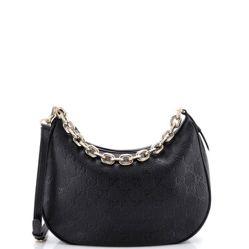 Gucci Emblem Half Moon Shoulder Bag GG Embossed Leather Large