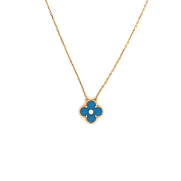Van Cleef & Arpels Vintage Alhambra Pendant Necklace 18K Yellow Gold and Blue Sevres Porcelain with Diamond