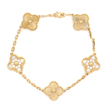 Van Cleef & Arpels Vintage Alhambra 5 Motifs Bracelet Guilloche 18K Yellow Gold and Diamonds