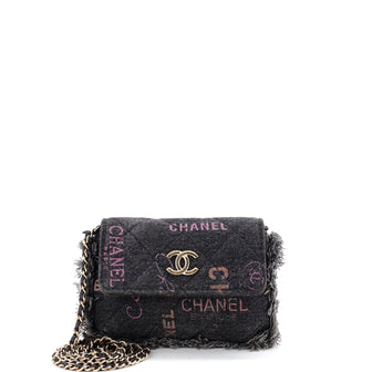 Chanel Denim Mood Flap Clutch with Chain Logo Printed Quilted Fringe Denim