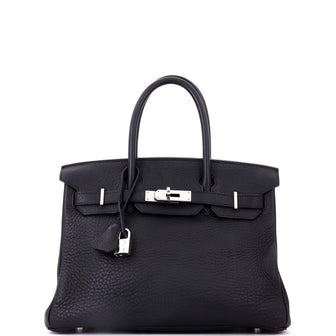 Hermes Birkin Handbag Black Clemence with Palladium Hardware 30