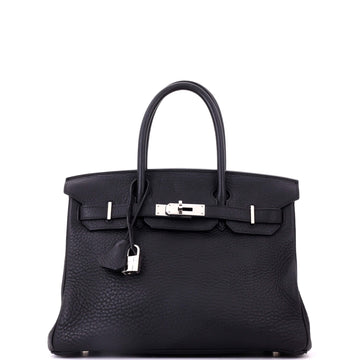 Hermes Birkin Handbag Black Clemence with Palladium Hardware 30