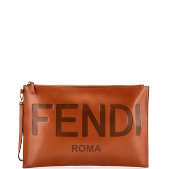 Fendi Logo Flat Wristlet Pouch Embossed Leather Large