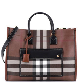 Burberry Freya Shopping Tote Check Coated Canvas with Leather Medium