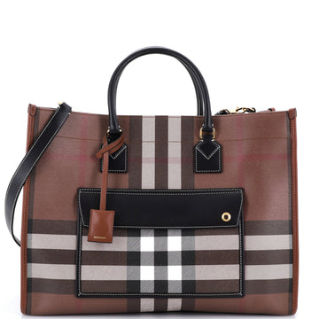 Burberry Freya Shopping Tote Check Coated Canvas with Leather Medium