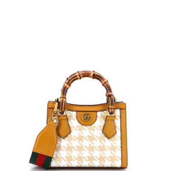 Gucci Diana NM Bamboo Handle Tote Houndstooth Raffia Mini