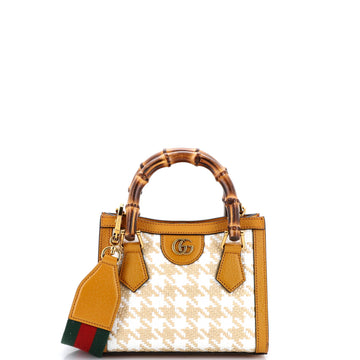 Gucci Diana NM Bamboo Handle Tote Houndstooth Raffia Mini