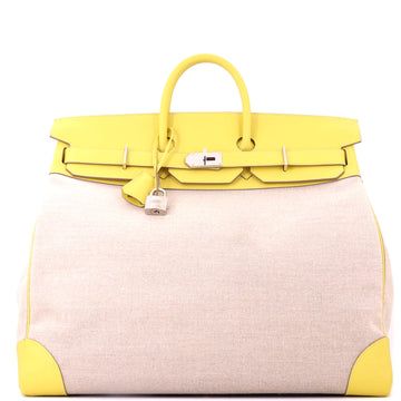 Hermes HAC Birkin Bag Toile and Yellow Evercolor with Palladium Hardware 50