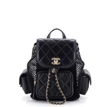 Chanel Multipocket Drawstring Backpack Mesh with Quilted Lambskin Small