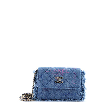 Chanel Denim Mood Flap Clutch with Chain Logo Printed Quilted Fringe Denim