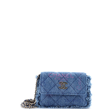 Chanel Denim Mood Flap Clutch with Chain Logo Printed Quilted Fringe Denim