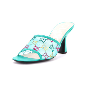 Gucci Women's Heeled Mule Sandals Crystal GG Embellished Mesh