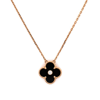 Van Cleef & Arpels Vintage Alhambra Pendant Necklace 18K Rose Gold and Onyx with Diamond