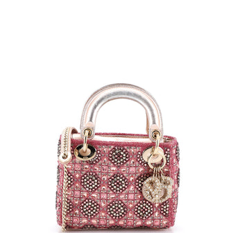 Christian Dior Lady Dior Chain Bag Cannage Beaded Satin with Metallic Leather Mini