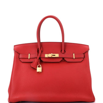 Hermes Birkin Handbag Red Clemence with Gold Hardware 35