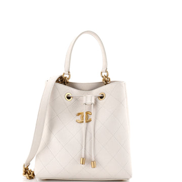 Chanel CC Top Handle Chain Drawstring Bucket Bag Quilted Caviar Small
