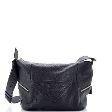 Prada Triangle Logo Embossed Side Zip Shoulder Bag Vitello Daino