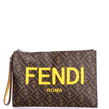 Fendi Logo Flat Wristlet Pouch Zucca Coated Canvas Medium