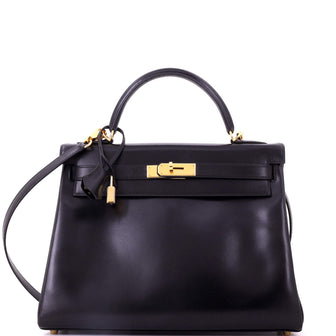 Hermes Kelly Handbag Black Box Calf with Gold Hardware 32