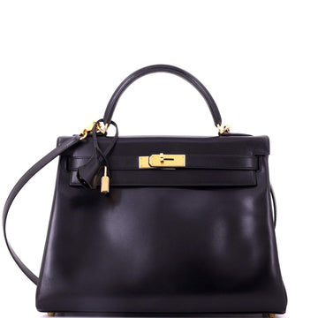 Hermes Kelly Handbag Black Box Calf with Gold Hardware 32