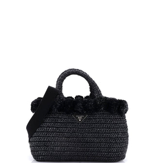 Prada Pom Pom Convertible Open Tote Woven Raffia Small