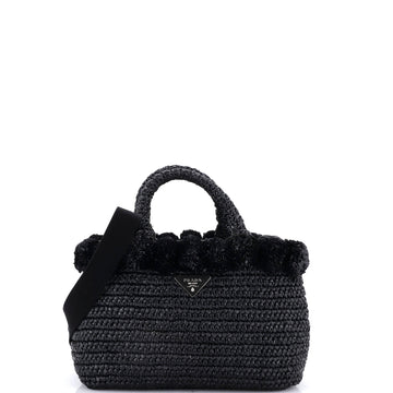 Prada Pom Pom Convertible Open Tote Woven Raffia Small