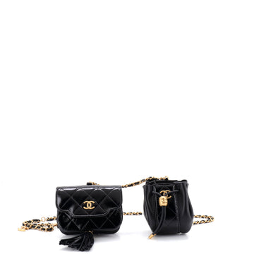 Chanel Double Pouch Chain Belt Bag Quilted Shiny Lambskin