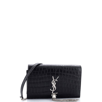 Saint Laurent Classic Monogram Tassel Chain Wallet Crocodile Embossed Leather