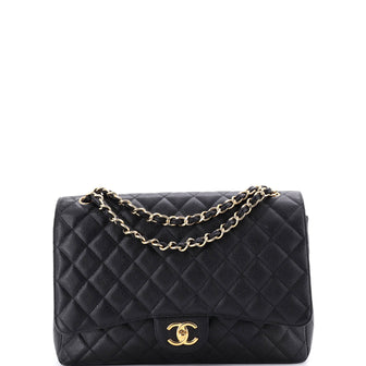 Chanel Vintage Classic Double Flap Bag Quilted Caviar Maxi
