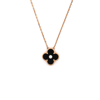 Van Cleef & Arpels Vintage Alhambra Pendant Necklace 18K Rose Gold and Onyx with Diamond
