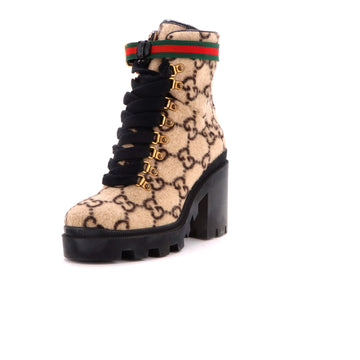 Gucci Women's Heeled Lace Up Combat Ankle Boots GG Wool