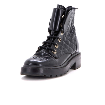 Chanel Women's Chain CC Cap Toe Lace Up Combat Boots Quilted Shiny Calfskin