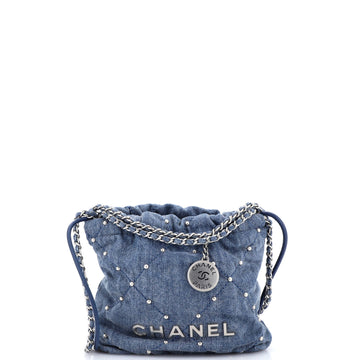Chanel 22 Chain Hobo Quilted Studded Denim Mini