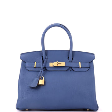 Hermes Birkin Handbag Blue Clemence with Gold Hardware 30
