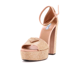 Prada Women's Triangle Logo Ankle Strap Platform Sandals Crystal Embellished Satin