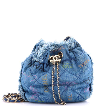 Chanel Denim Mood Chain Bucket Bag Logo Printed Quilted Fringe Denim Medium