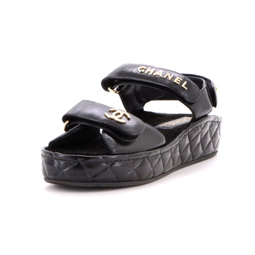 Chanel Women's Logo Velcro Strap Wedge Sandals Quilted Leather