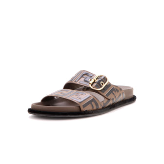Fendi Women's Buckle Strap Slide Sandals Zucca Embossed Leather