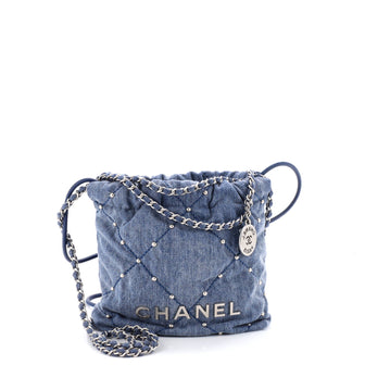 Chanel 22 Chain Hobo Quilted Studded Denim Mini